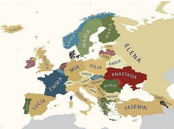 Карта Европы с популярными женскими именами